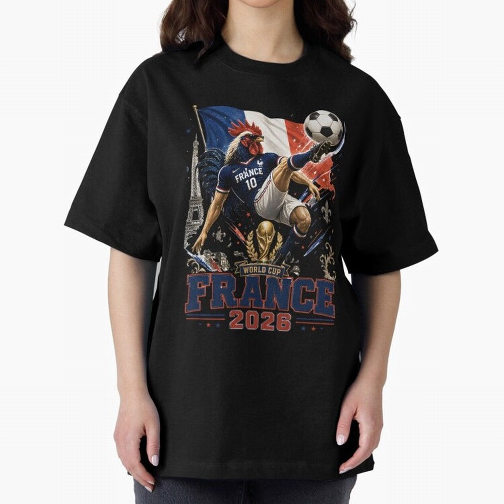 France Football World Cup 2026 Retro Rooster Kick - Les Bleus Oversized T-Shirt Share the Excitement of Match Day Hype around FIFA World Cup 2026 Group Stage, Cristiano Ronaldo, Argentina and Brazil, Retro Football Energy, Iconic Rivalries, Trophy