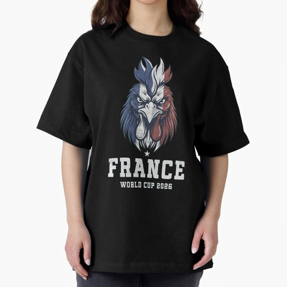 France Football World Cup 2026 Rooster Mascot Art Oversized T-Shirt Back Your Heroes with Global Football Passion for FIFA World Cup 2026, Celebrating Neymar, Netherlands, Championship Spirit, Famous Goals, Roaring Crowds and International Football