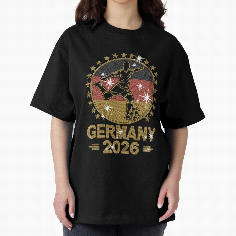 Germany Soccer World Cup 2026 Glitter Style Fan Art Oversized T-Shirt Wear the Spirit of FIFA World Cup 2026 for Fans of CR7 and Messi and France, Bringing Vintage Soccer Flavor, Modern Football Stars, National Flags and Final Night Emotion;