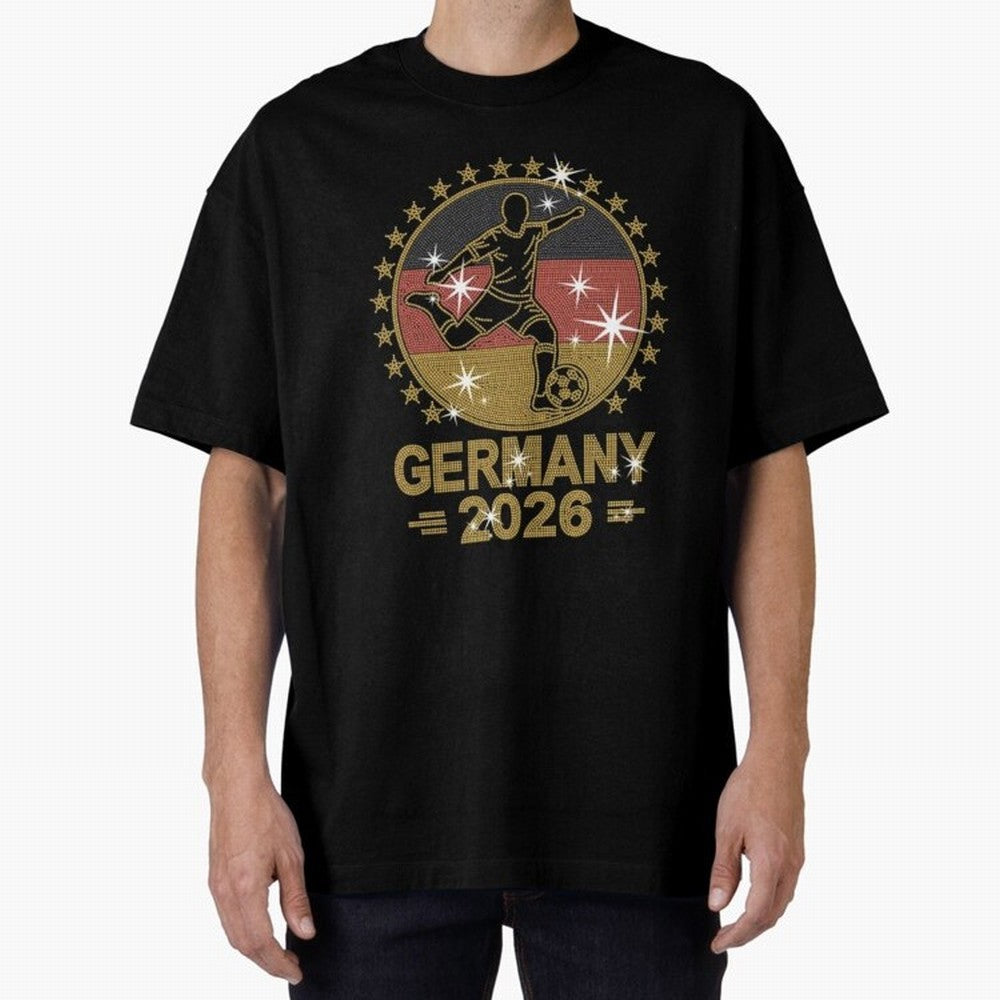 Germany Soccer World Cup 2026 Glitter Style Fan Art Oversized T-Shirt Wear the Spirit of FIFA World Cup 2026 for Fans of CR7 and Messi and France, Bringing Vintage Soccer Flavor, Modern Football Stars, National Flags and Final Night Emotion;