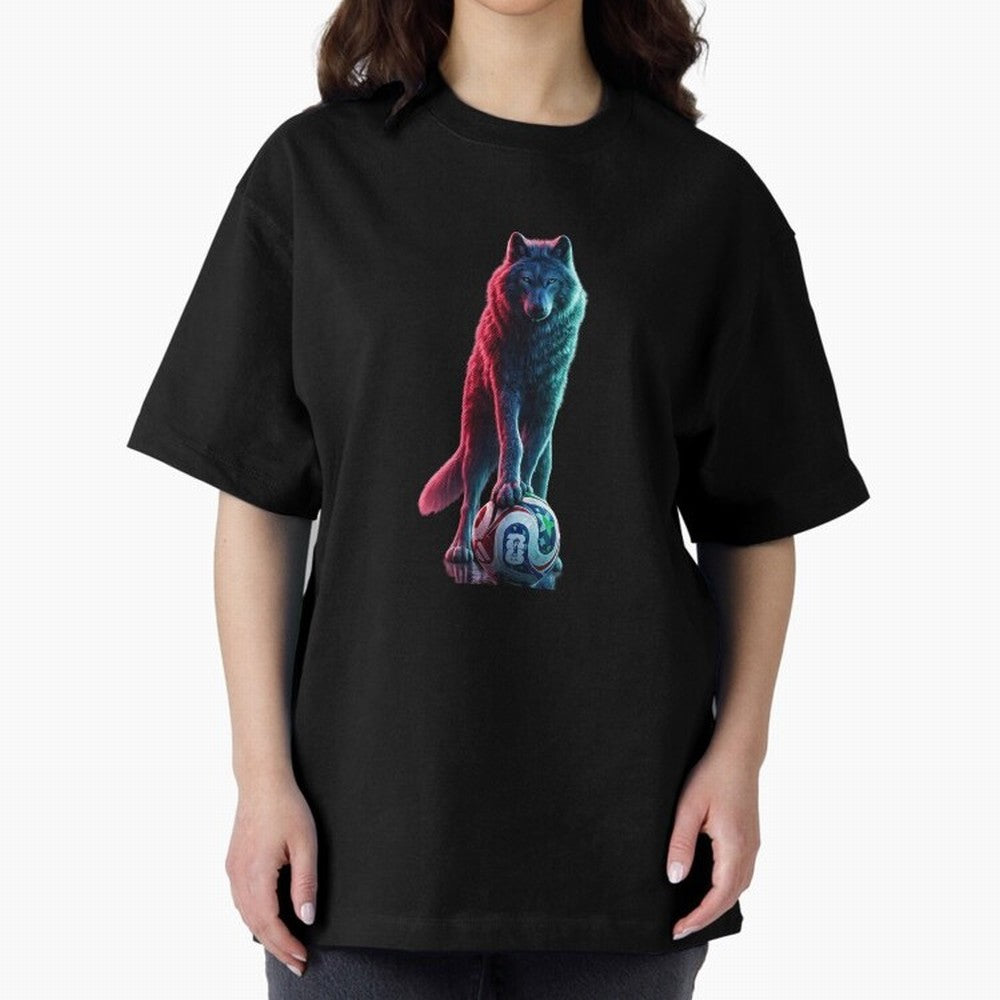 Neon Alpha Wolf with Soccer Ball | Futuristic Sports Fantasy Art Oversized T-Shirt Keep Football History Alive during Global Football Passion for FIFA World Cup 2026, Inspired by Cristiano Ronaldo, Haaland and CR7, Argentina and Brazil, Tournament