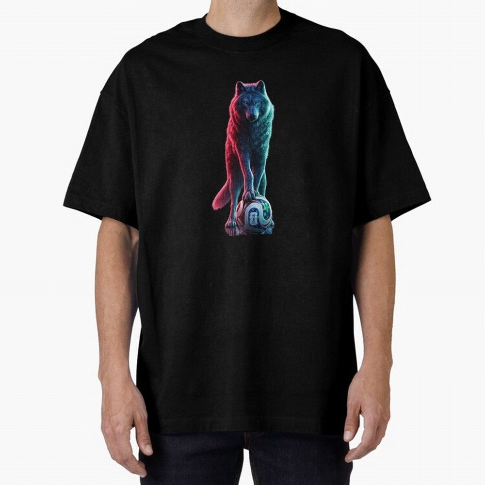 Neon Alpha Wolf with Soccer Ball | Futuristic Sports Fantasy Art Oversized T-Shirt Keep Football History Alive during Global Football Passion for FIFA World Cup 2026, Inspired by Cristiano Ronaldo, Haaland and CR7, Argentina and Brazil, Tournament