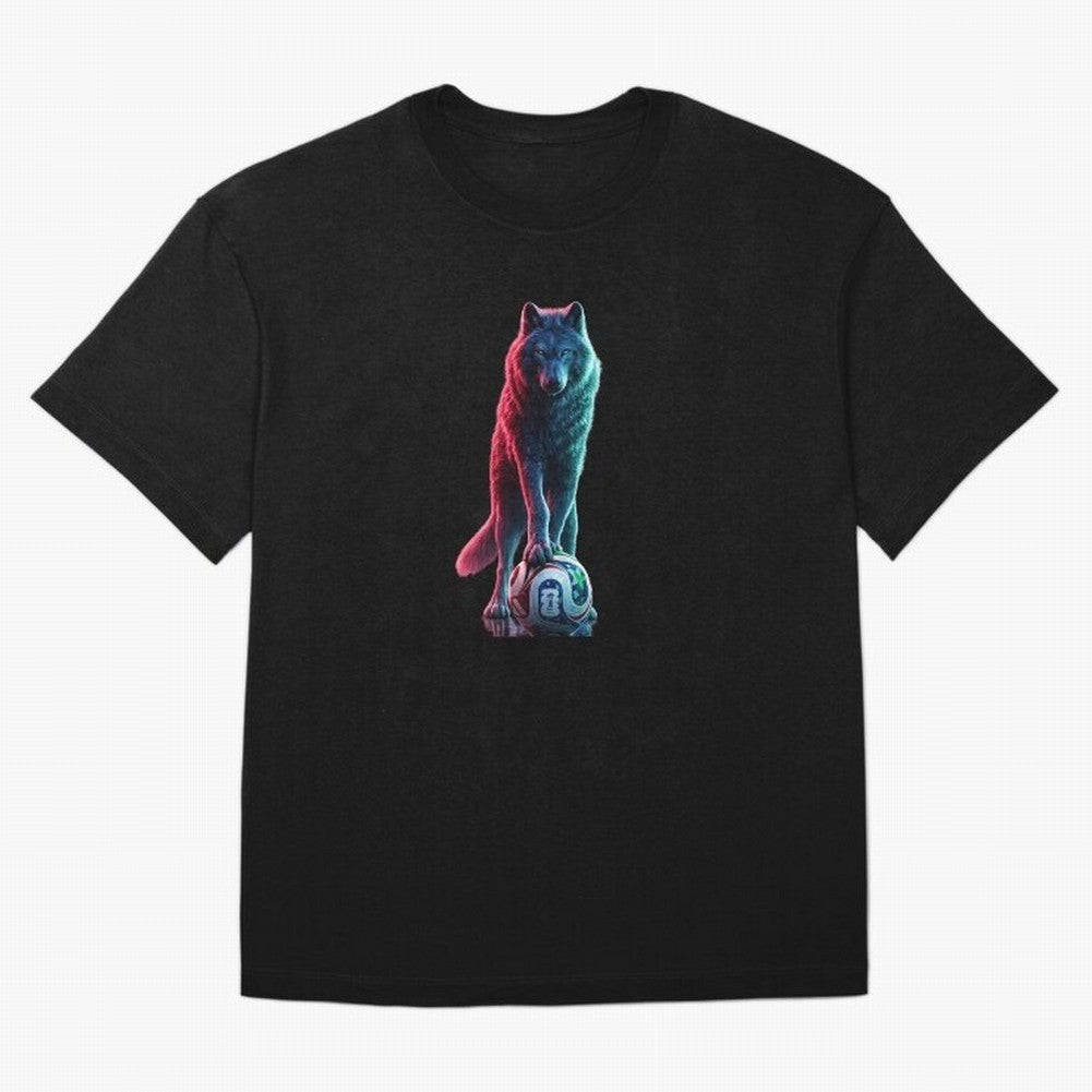 Neon Alpha Wolf with Soccer Ball | Futuristic Sports Fantasy Art Oversized T-Shirt Keep Football History Alive during Global Football Passion for FIFA World Cup 2026, Inspired by Cristiano Ronaldo, Haaland and CR7, Argentina and Brazil, Tournament