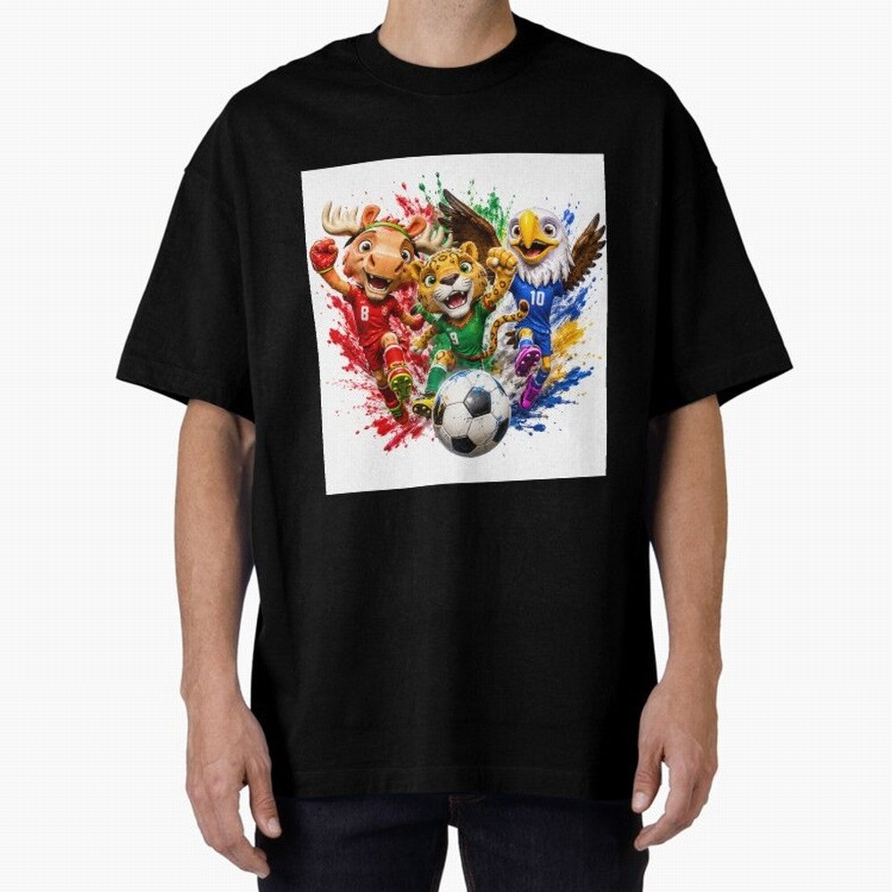 World Football Mascots ¨C Ultimate Soccer Fan Cartoon Design Oversized T-Shirt Capture FIFA World Cup 2026 USA Canada Mexico Spirit, Built around Netherlands, Messi and Cristiano Ronaldo, Football Passion, Legendary Performances, Festival Vibes and