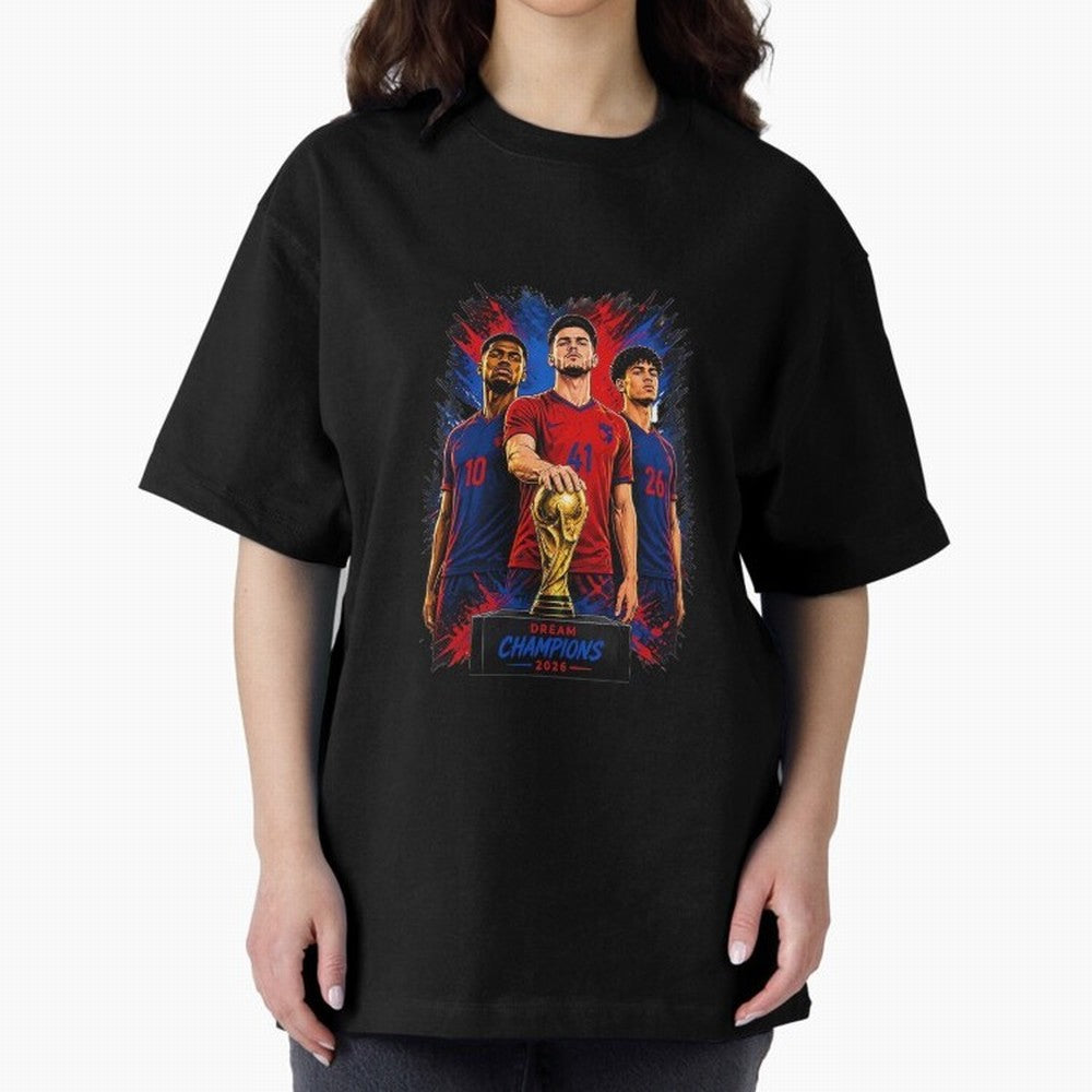 Dream Champions 2026 Football Streetwear Design | Trophy Graphic Tee Oversized T-Shirt Bring Stadium Energy to Match Day Hype around FIFA World Cup 2026 USA Canada Mexico, Mbappe, Germany, Champion Mindset, Group Stage Buzz, Knockout Tension and