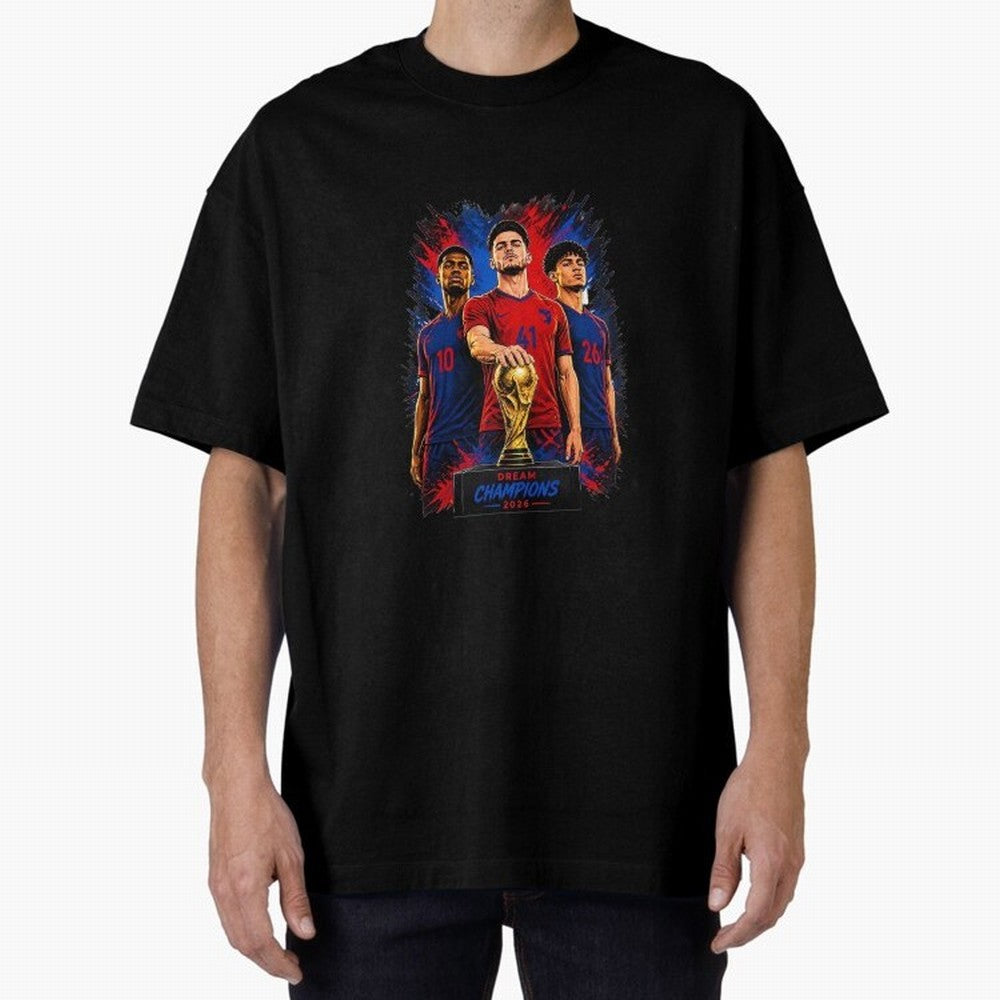 Dream Champions 2026 Football Streetwear Design | Trophy Graphic Tee Oversized T-Shirt Bring Stadium Energy to Match Day Hype around FIFA World Cup 2026 USA Canada Mexico, Mbappe, Germany, Champion Mindset, Group Stage Buzz, Knockout Tension and