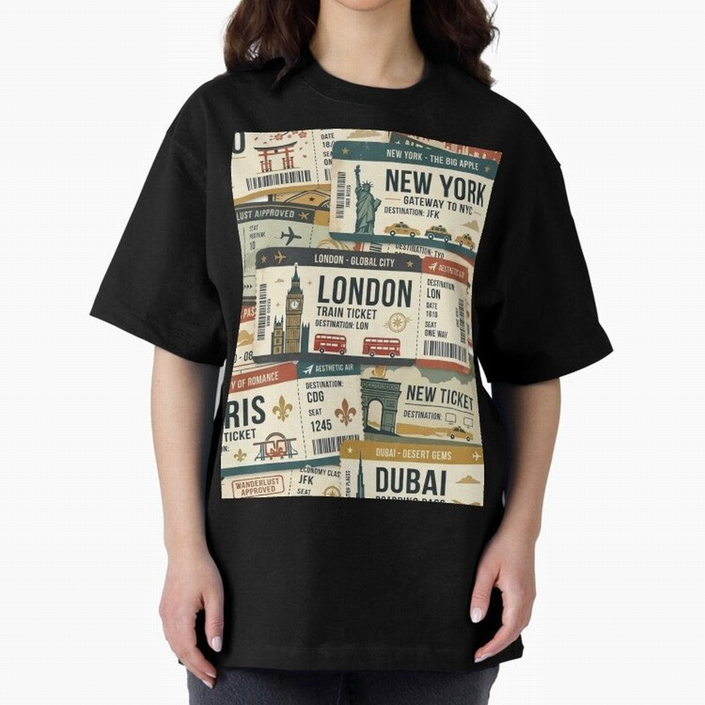 World Travel Ticket Aesthetic Collage Global City Vibes Oversized T-Shirt Represent Football Lovers during the FIFA World Cup 2026 Journey through CR7 and Messi Highlights, France and Portugal Pride, Goal Celebration Energy, Supporter Heritage,