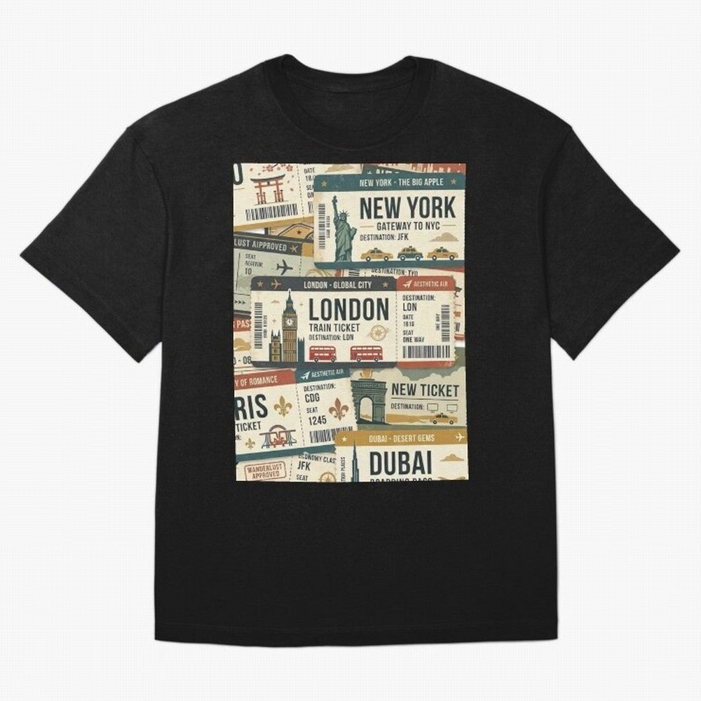 World Travel Ticket Aesthetic Collage Global City Vibes Oversized T-Shirt Represent Football Lovers during the FIFA World Cup 2026 Journey through CR7 and Messi Highlights, France and Portugal Pride, Goal Celebration Energy, Supporter Heritage,