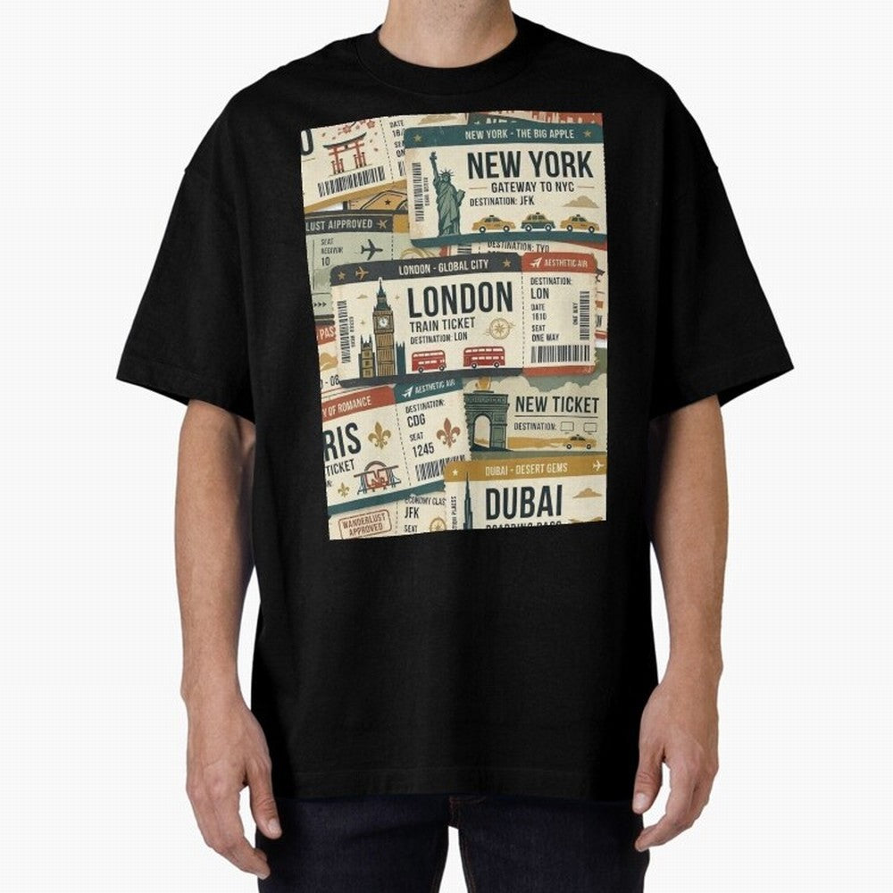 World Travel Ticket Aesthetic Collage Global City Vibes Oversized T-Shirt Represent Football Lovers during the FIFA World Cup 2026 Journey through CR7 and Messi Highlights, France and Portugal Pride, Goal Celebration Energy, Supporter Heritage,