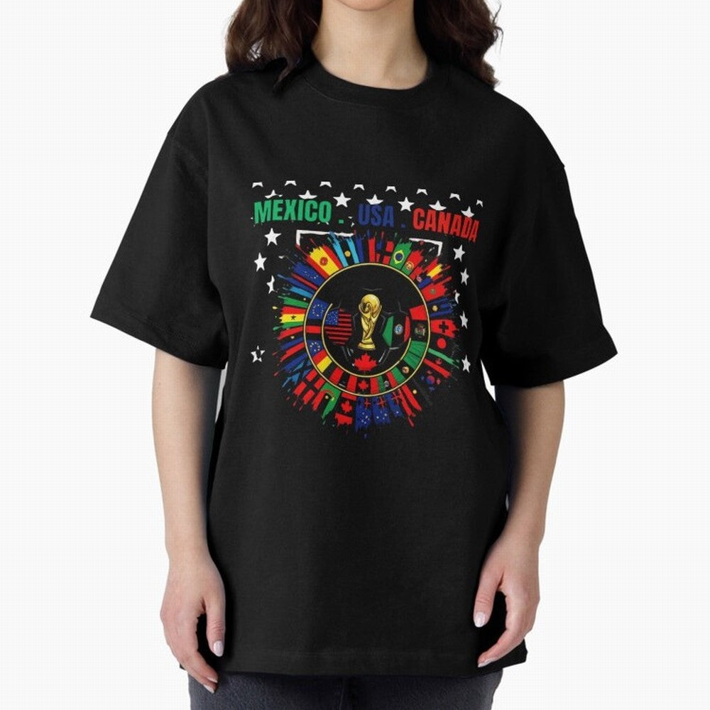 Multinational Nations Flags Badge Oversized T-Shirt Make Every Kick Count in FIFA World Cup 2026 for Fans of Messi and Cristiano Ronaldo and Portugal, Bringing Goal Celebration Energy, Supporter Heritage, Football Icons and Worldwide Tournament