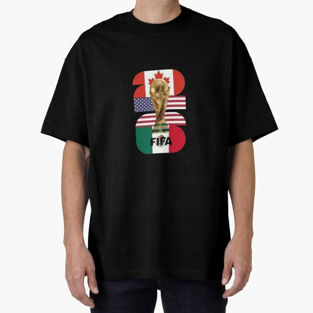 Three Nations Host Trophy Vertical Oversized T-Shirt Bring Match Day Fire to Global Football Passion for FIFA World Cup 2026 USA Canada Mexico, Connected to Neymar, Haaland and Cristiano Ronaldo, Spain, Football History, Final Match Energy, Crowd