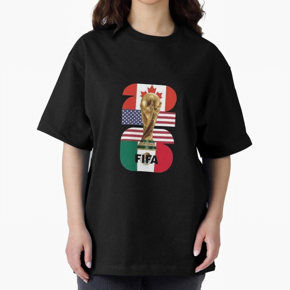Three Nations Host Trophy Vertical Oversized T-Shirt Bring Match Day Fire to Global Football Passion for FIFA World Cup 2026 USA Canada Mexico, Connected to Neymar, Haaland and Cristiano Ronaldo, Spain, Football History, Final Match Energy, Crowd