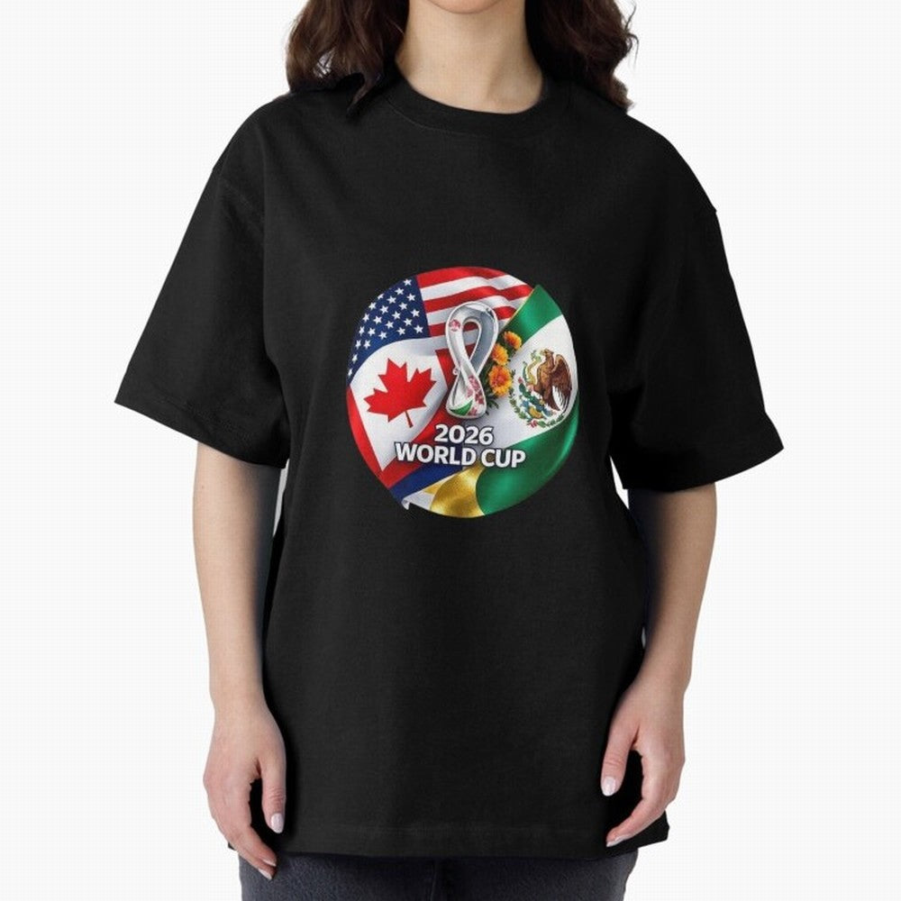 Host Trio Flags Circular Emblem Oversized T-Shirt Support the Legends of Global Football Passion for FIFA World Cup 2026 Group Stage, Centered on CR7, Portugal, Football Passion, Legendary Performances, Festival Vibes and Supporter Community; Made