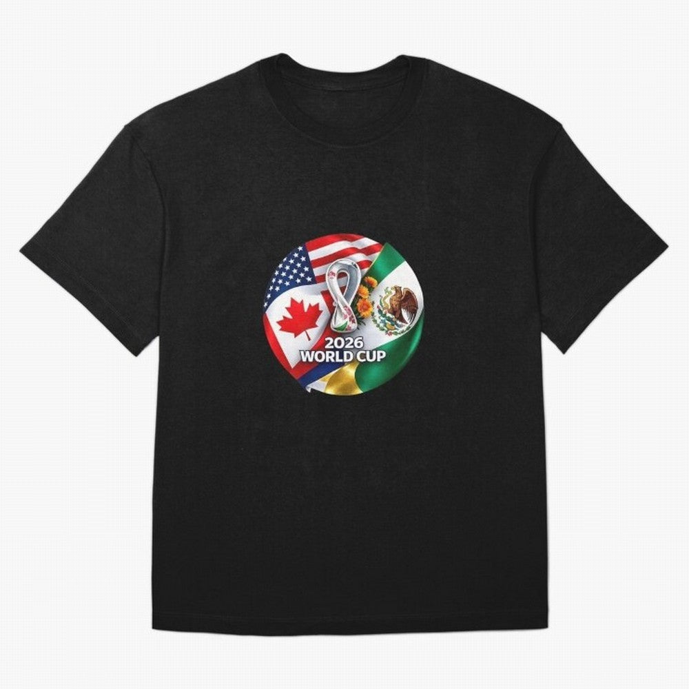 Host Trio Flags Circular Emblem Oversized T-Shirt Support the Legends of Global Football Passion for FIFA World Cup 2026 Group Stage, Centered on CR7, Portugal, Football Passion, Legendary Performances, Festival Vibes and Supporter Community; Made
