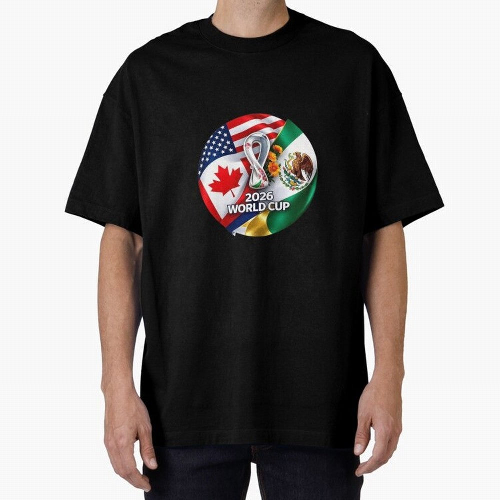 Host Trio Flags Circular Emblem Oversized T-Shirt Support the Legends of Global Football Passion for FIFA World Cup 2026 Group Stage, Centered on CR7, Portugal, Football Passion, Legendary Performances, Festival Vibes and Supporter Community; Made