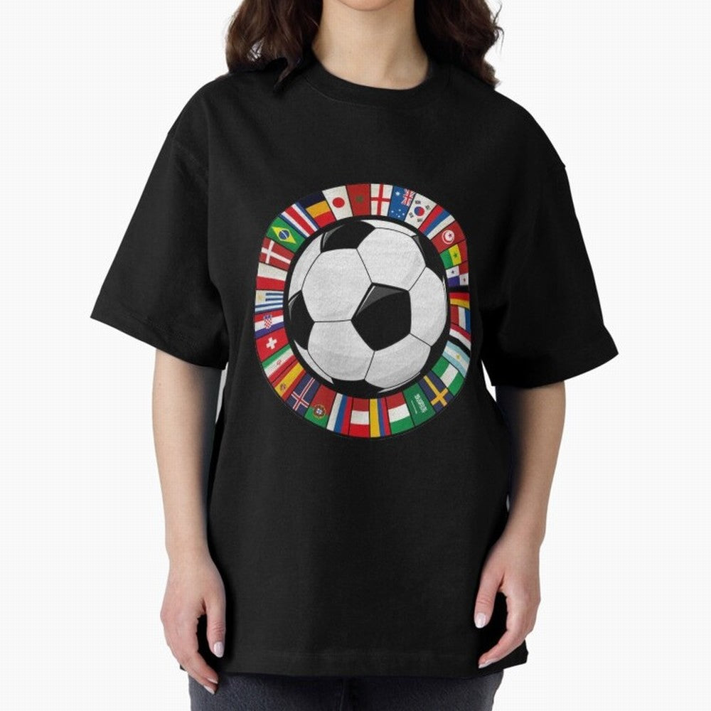 Global Nations Football Circle Art Oversized T-Shirt Bring World Football Passion into FIFA World Cup 2026 USA Canada Mexico Spirit, Made for Portugal, Spain and Germany, Messi, Global Supporter Spirit, Legendary Goals, National Colors and