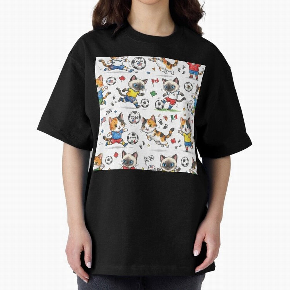 Chibi Soccer Cats 2026 - Cute Football Kittens Pattern Oversized T-Shirt Refresh FIFA World Cup 2026 Group Stage Spirit, Filled with England, Cristiano Ronaldo, Haaland and CR7, Sports Nostalgia, International Competition, Famous Players and