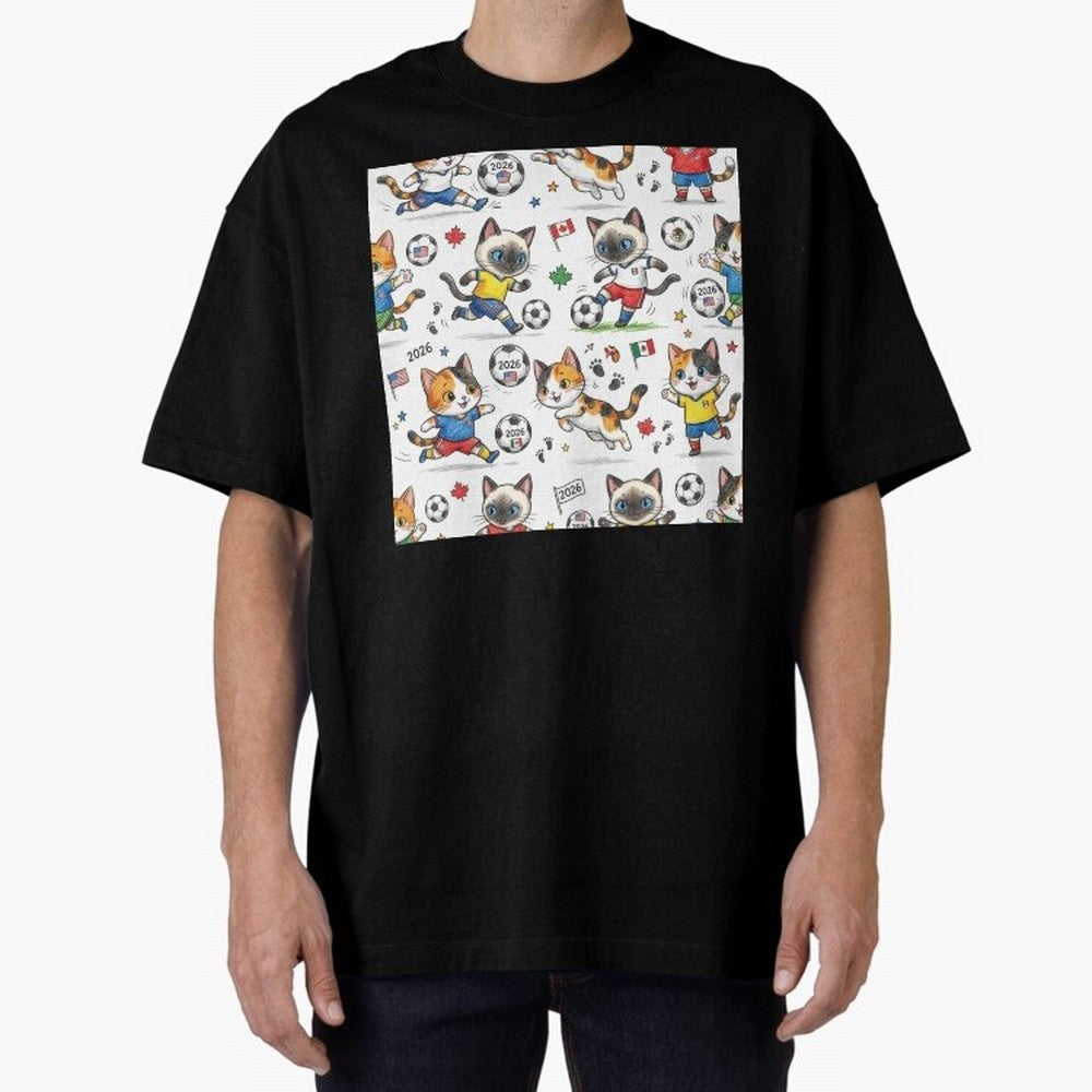 Chibi Soccer Cats 2026 - Cute Football Kittens Pattern Oversized T-Shirt Refresh FIFA World Cup 2026 Group Stage Spirit, Filled with England, Cristiano Ronaldo, Haaland and CR7, Sports Nostalgia, International Competition, Famous Players and