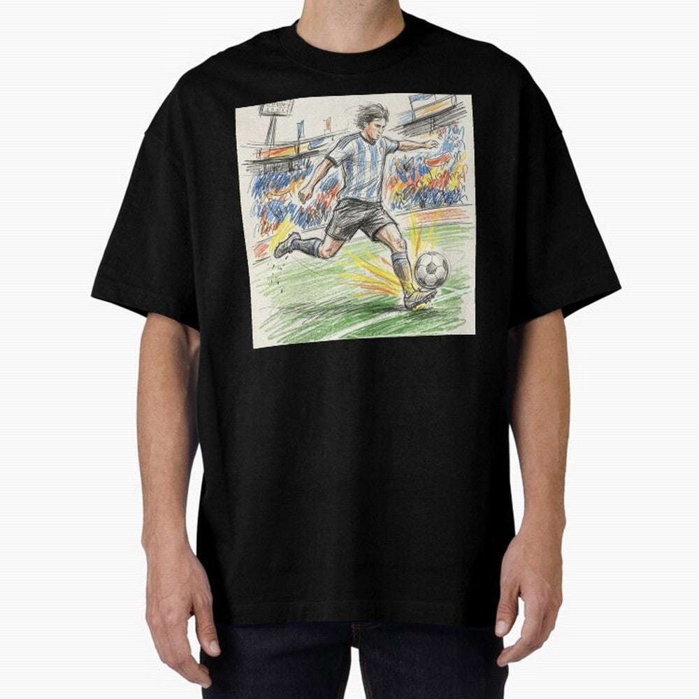 Dynamic Soccer Power Kick - Blue & White Jersey Style Oversized T-Shirt Capture Global Football Passion for FIFA World Cup 2026, Made for Mbappe and Neymar, Spain, Tournament Hype, Historic Matchups, Family Viewing Parties and Global Sports Pride;