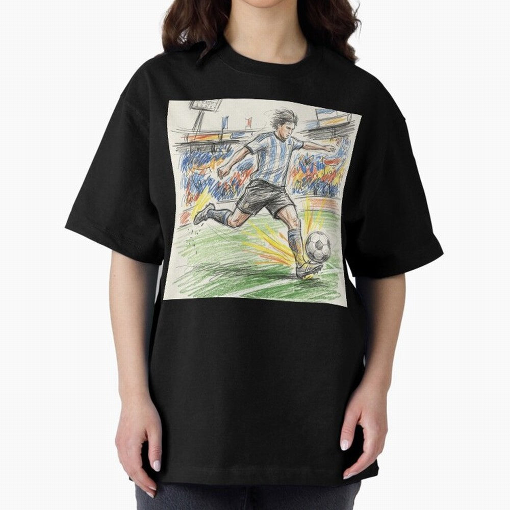 Dynamic Soccer Power Kick - Blue & White Jersey Style Oversized T-Shirt Capture Global Football Passion for FIFA World Cup 2026, Made for Mbappe and Neymar, Spain, Tournament Hype, Historic Matchups, Family Viewing Parties and Global Sports Pride;