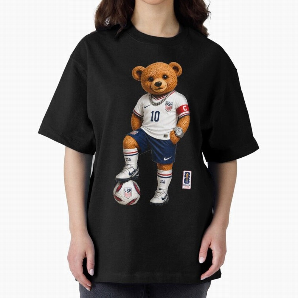 USA Soccer Bear World Cup 2026 Teddy Bear Oversized T-Shirt Feel the Trophy Chase of Match Day Hype around FIFA World Cup 2026, Neymar, Haaland and Cristiano Ronaldo, Brazil, Goal Celebration Energy, Supporter Heritage, Football Icons and Worldwide