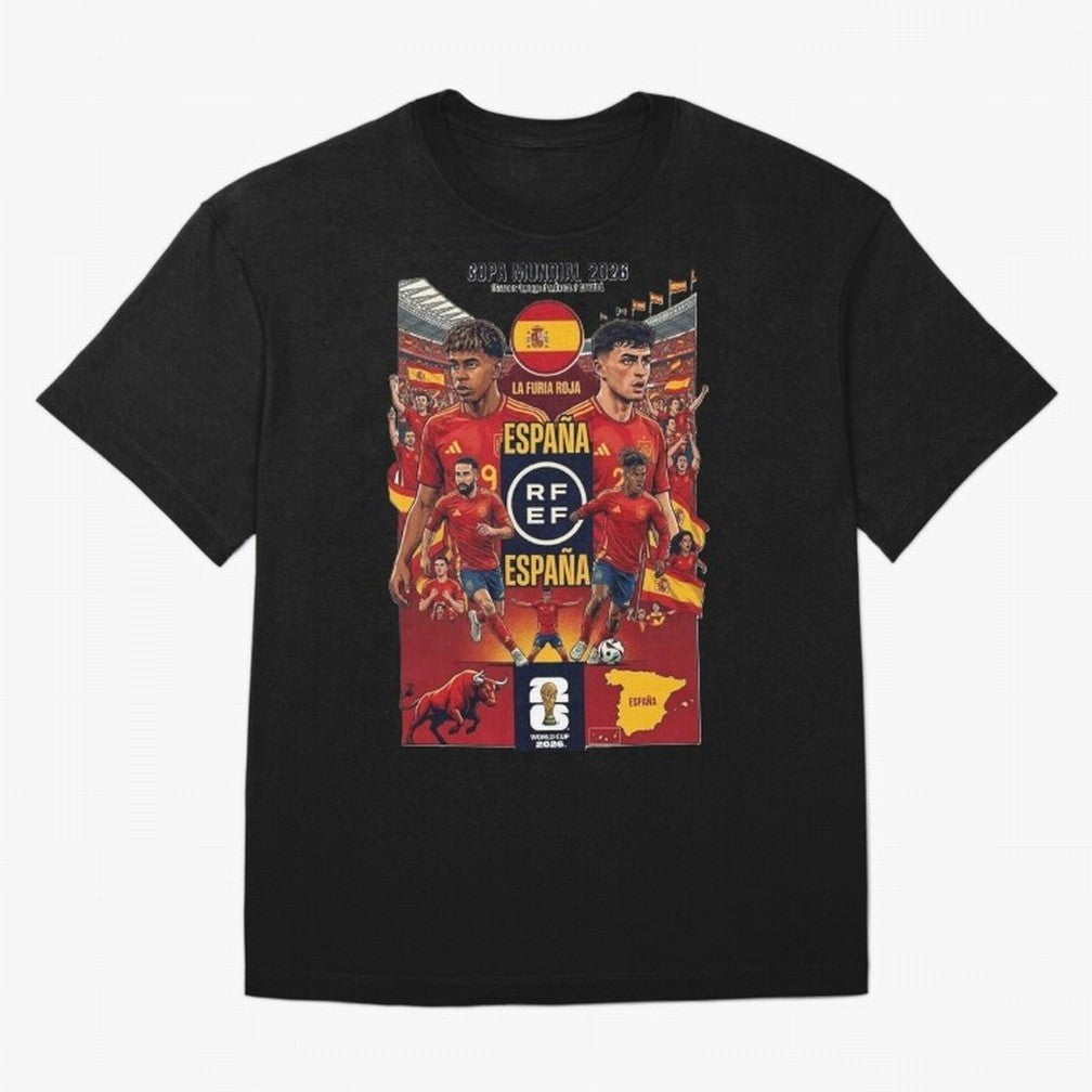 Spain 2026 ¨C La Furia Roja World Cup Poster Oversized T-Shirt Show Love for Legendary Goals in FIFA World Cup 2026 Spirit, Driven by France, CR7 and Messi, Fan Favorite Moments, National Team Passion, Big Match Drama and Soccer History; Perfect