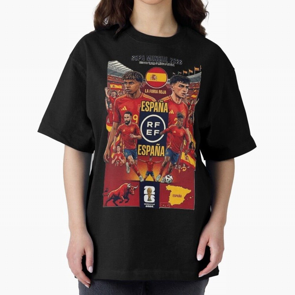 Spain 2026 ¨C La Furia Roja World Cup Poster Oversized T-Shirt Show Love for Legendary Goals in FIFA World Cup 2026 Spirit, Driven by France, CR7 and Messi, Fan Favorite Moments, National Team Passion, Big Match Drama and Soccer History; Perfect