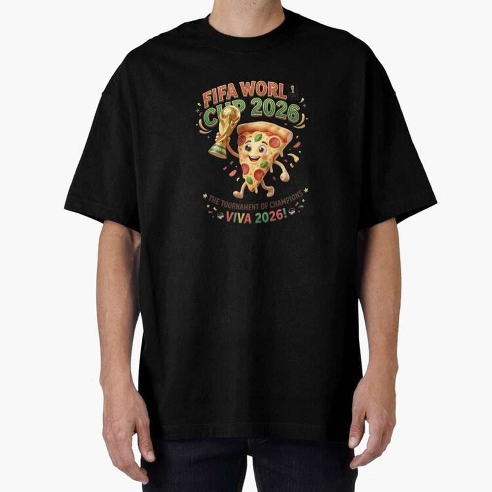 Happy Pizza Character Holding World Cup 2026 Trophy Oversized T-Shirt Bring Bold Fan Energy to the FIFA World Cup 2026 USA Canada Mexico Journey through Messi, CR7 and Mbappe Highlights, France Pride, Classic Soccer Heritage, Championship Pressure,