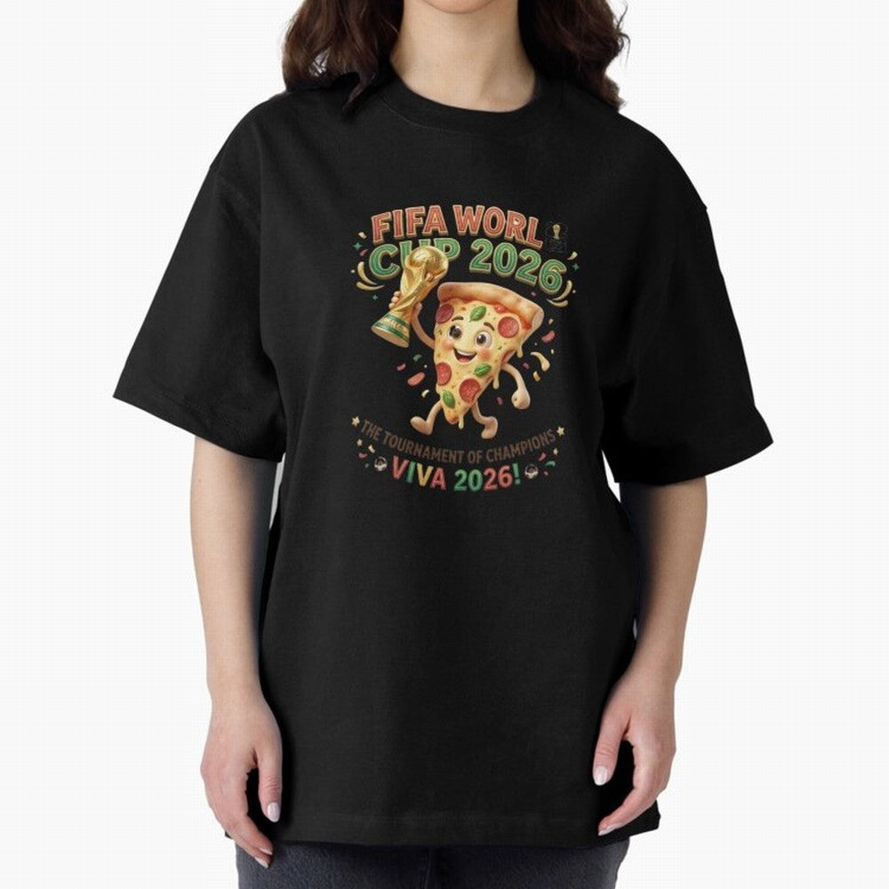 Happy Pizza Character Holding World Cup 2026 Trophy Oversized T-Shirt Bring Bold Fan Energy to the FIFA World Cup 2026 USA Canada Mexico Journey through Messi, CR7 and Mbappe Highlights, France Pride, Classic Soccer Heritage, Championship Pressure,