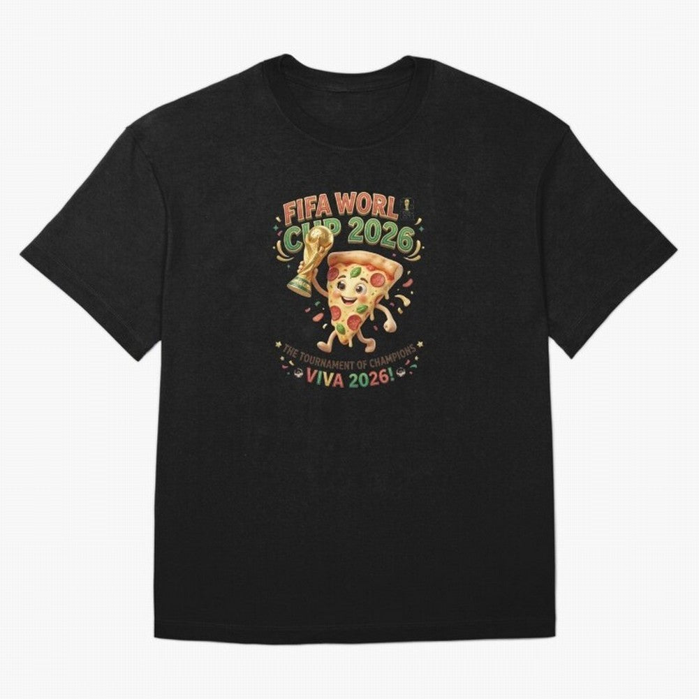 Happy Pizza Character Holding World Cup 2026 Trophy Oversized T-Shirt Bring Bold Fan Energy to the FIFA World Cup 2026 USA Canada Mexico Journey through Messi, CR7 and Mbappe Highlights, France Pride, Classic Soccer Heritage, Championship Pressure,