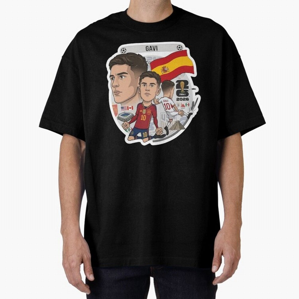 Gavi Spain National Team Football Cartoon Illustration Oversized T-Shirt Celebrate the Magic of FIFA World Cup 2026 Group Stage Spirit, Made for Brazil, Portugal and Argentina, Messi, Neymar and Mbappe, Stadium Memories, Football Loyalty,