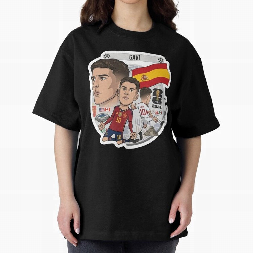 Gavi Spain National Team Football Cartoon Illustration Oversized T-Shirt Celebrate the Magic of FIFA World Cup 2026 Group Stage Spirit, Made for Brazil, Portugal and Argentina, Messi, Neymar and Mbappe, Stadium Memories, Football Loyalty,