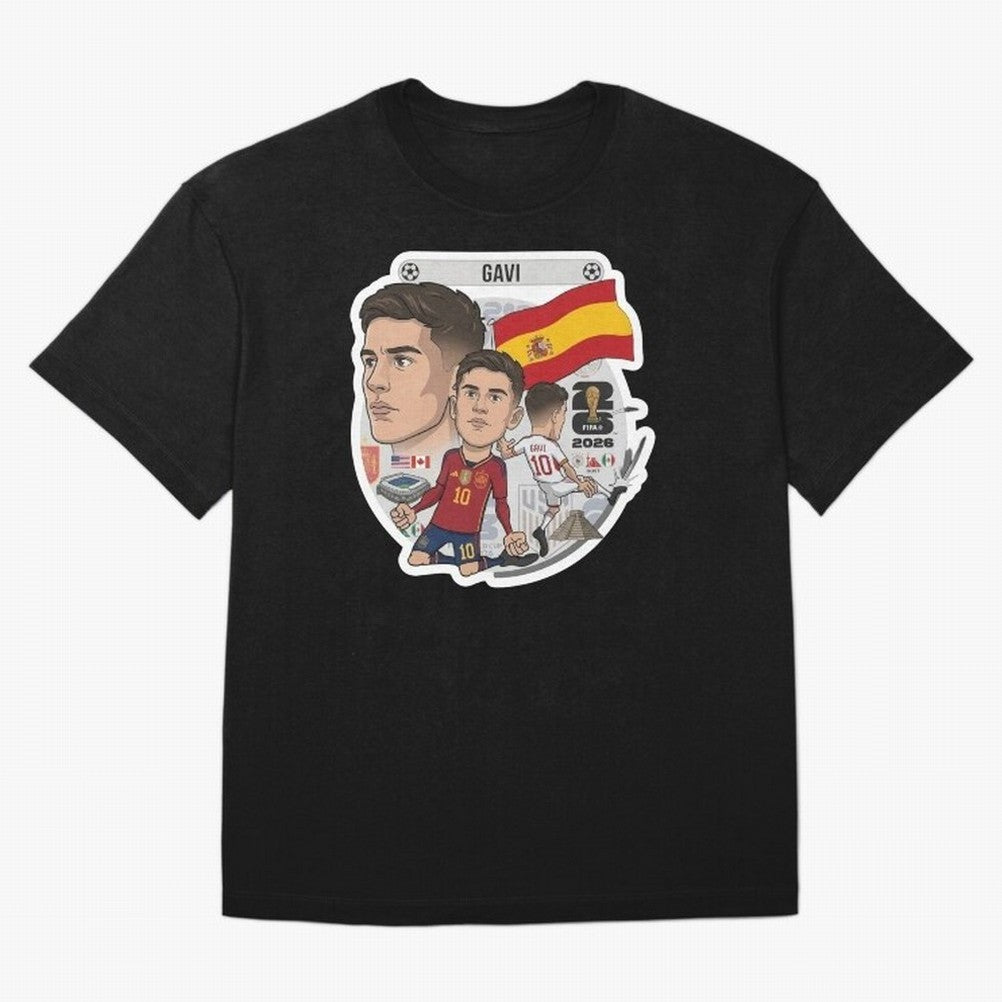 Gavi Spain National Team Football Cartoon Illustration Oversized T-Shirt Celebrate the Magic of FIFA World Cup 2026 Group Stage Spirit, Made for Brazil, Portugal and Argentina, Messi, Neymar and Mbappe, Stadium Memories, Football Loyalty,