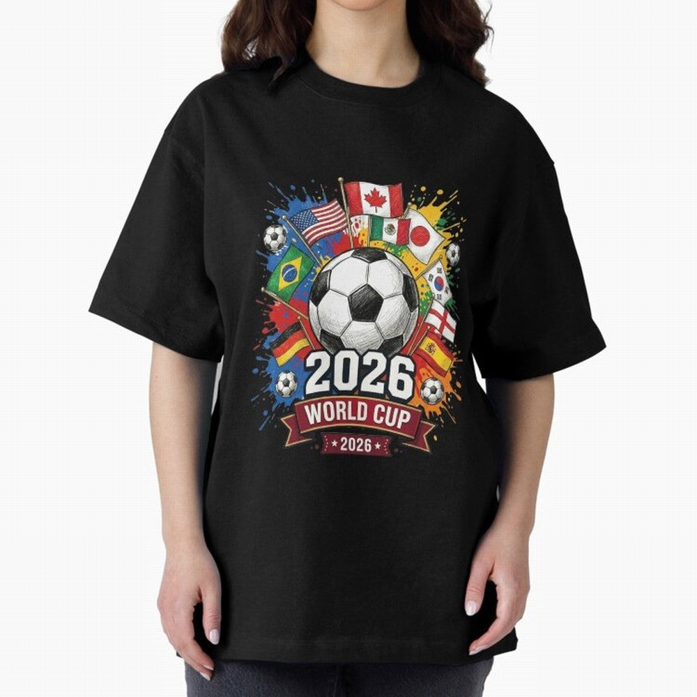 2026 World Cup Soccer Flags Graphic Oversized T-Shirt Capture Stadium Memories from the FIFA World Cup 2026 Group Stage Journey through Neymar Highlights, Portugal, Spain and Germany Pride, Soccer Culture, Superstar Moments, National Team Dreams