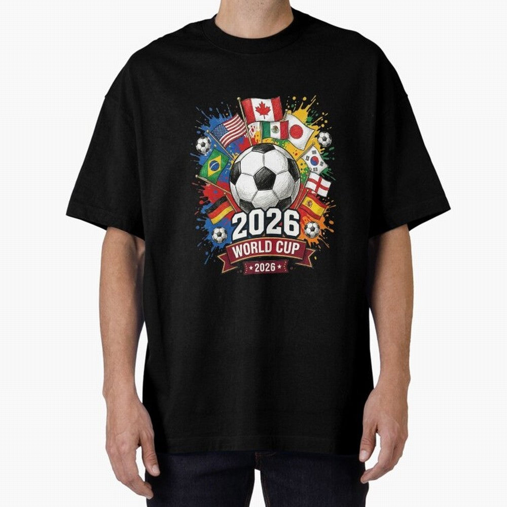 2026 World Cup Soccer Flags Graphic Oversized T-Shirt Capture Stadium Memories from the FIFA World Cup 2026 Group Stage Journey through Neymar Highlights, Portugal, Spain and Germany Pride, Soccer Culture, Superstar Moments, National Team Dreams