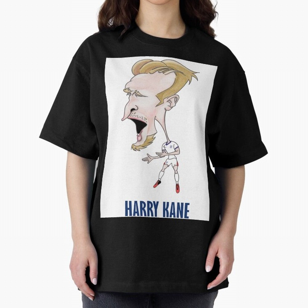 Harry Kane Caricature Print Oversized T-Shirt Celebrate Football Heritage in Global Football Passion for FIFA World Cup 2026 Group Stage, Centered on CR7 and Messi, Argentina, France and Brazil, Football History, Final Match Energy, Crowd Noise and