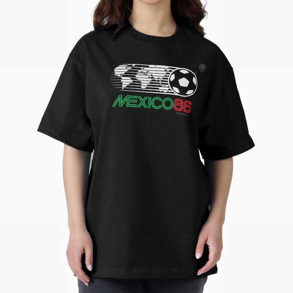 Mexico 86 Logo Tribute ¨C Retro Soccer World Cup Inspired Graphic | Vintage Mexican Football Art | Ruben Santiago Creative Oversized T-Shirt Bring International Match Energy to FIFA World Cup 2026 for Fans of Messi, CR7 and Mbappe and Spain,